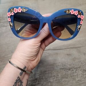 Blue Oversized Sunglasses with Pink And Gold Enamel 3D Floral Accents